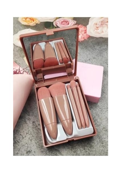 Gaman C005 Taşınabilir 5 Parçalı Aynalı Profesyonel Makyaj Fırça Seti - Taşınabilir Mini 10.5cm Bakır Renk