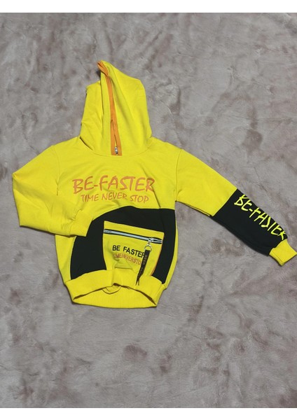 3-9 Yaş Naskılı Ön Fermuar Detaylı Kol Ek Kapşonlu Sweatshirt Sarı