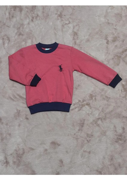 1-7 Yaş Armalı Bisiklet Yaka Lacivert Biyeli Sweatshirt Fuşya