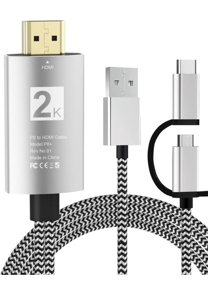 2k HDMI Dönüştürücü Kablo, 1080P Hd Görüntü, 8 Kanal Dijital Ses, 2 Metre, Akıllı Şarj Özellikli