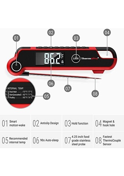 TP620 Anında Okunan Et Termometresi,, Büyük Otomatik Dönen LCD Ekranlı Pişirme Termometresi, Su Geçirmez Gıda Termometresi, Mutfak, Barbekü Veya Için fiyatları