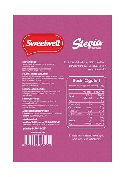 Sweetwell Stevia Prebiyotik Lifli Toz Sofralık Tatlandırıcı 500 gr fiyatları