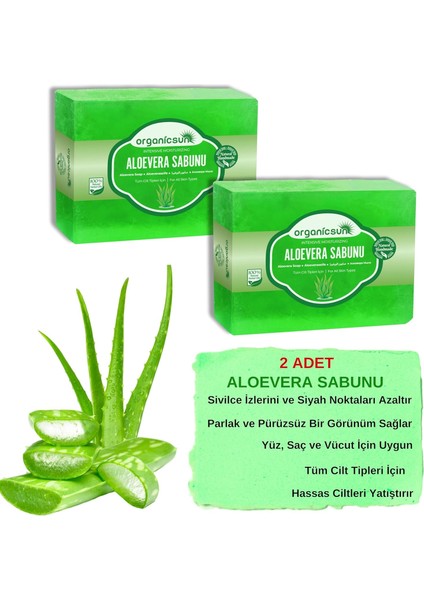 Organicsun Doğal Aloe Vera Sabunu 140 gr x 2 Adet Tüm Cilt Tipleri Için Yatıştırıcı ve Canlandırıcı Etkili
