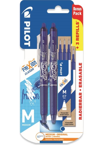 Frixion Clicker - Geri Çekilebilir Silinebilir Jel Mürekkep - Mavi Mürekkep - Orta 0,7 mm Uç - Blister 2'li Paket + 6 Bonus Yedek