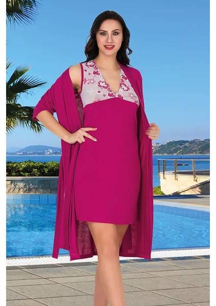 Lady Çiçekli Fuşya Gecelik Sabahlık Takımı
