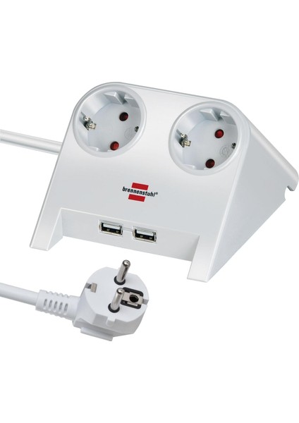 Masaüstü Power Priz 2'li Masa Için (1,8 M Kablolu Masa Prizi, Kauçuk Ayaklı Çoklu Priz ve 2 Kat Usb) Beyaz Cilalı
