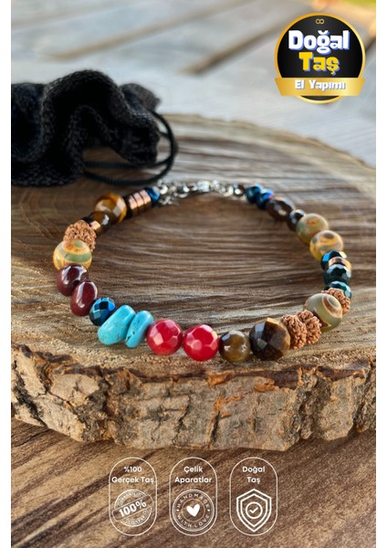 Akik, Jasper, Mercan, Turkuaz, Hematit ve Rudraksha Doğal Taşlardan El Yapımı Klipsli Çelik Bileklik