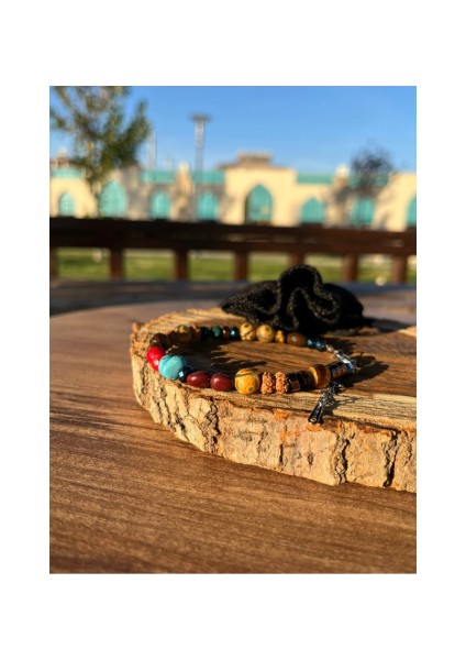 Akik, Jasper, Mercan, Turkuaz, Hematit ve Rudraksha Doğal Taşlardan El Yapımı Klipsli Çelik Bileklik fırsatları