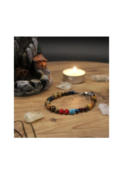 Akik, Jasper, Mercan, Turkuaz, Hematit ve Rudraksha Doğal Taşlardan El Yapımı Klipsli Çelik Bileklik indirimleri