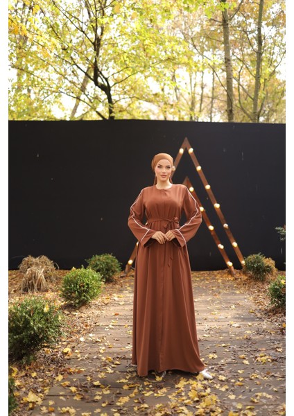 Ankanoor Kahverengi Gizli Patlı Biyeli Abaya Kol Ferace ANKA255058