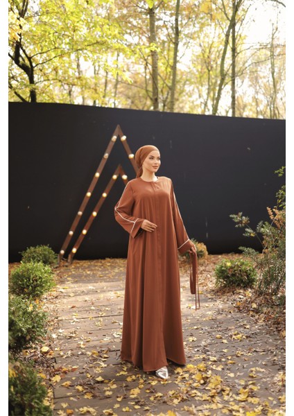 Ankanoor Kahverengi Gizli Patlı Biyeli Abaya Kol Ferace ANKA255058 modelleri