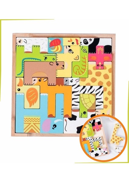 Renkli 15 Hayvanlı Geometrik Ahşap Puzzle