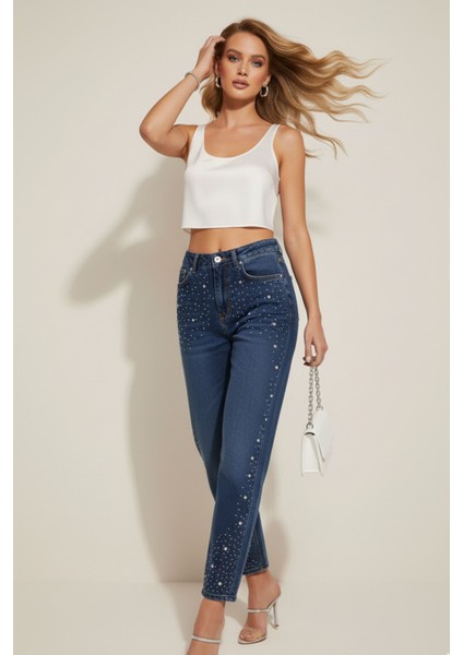 Kadın Mavi Yüksek Bel Taş Detaylı Jean Pantolon ,kadın Pantolon, Yüksek Bel Kot Pantolon