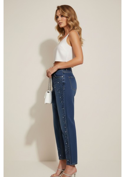 Kadın Mavi Yüksek Bel Taş Detaylı Jean Pantolon ,kadın Pantolon, Yüksek Bel Kot Pantolon fiyatları