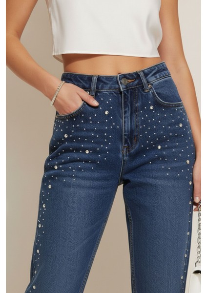 Kadın Mavi Yüksek Bel Taş Detaylı Jean Pantolon ,kadın Pantolon, Yüksek Bel Kot Pantolon indirimleri