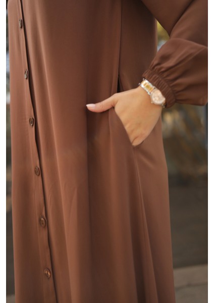 Ankanoor Kahverengi Tam Boy Düğmeli Ferace ANKA255000