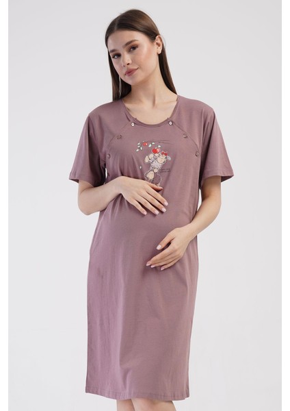 Kadın Kısa Kollu Emzirme Kolaylıklı Kahverengi Lohusa Tunik C3T3N1014