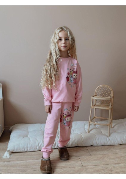 Labubu 2 Iplik Kız Çocuk Alt Üst Süper Tarz Takım Sırt Baskılı