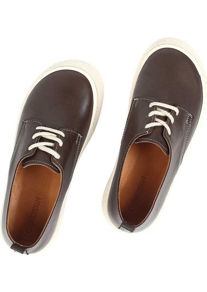 Kadın Kahverengi Bağcıklı Kalın Tabanlı Deri Ayakkabı