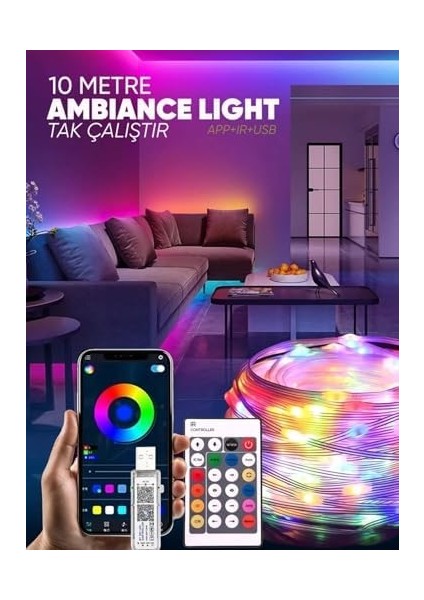 LED Rgb Işık - 5V USB Girişli, Uygulamalı, Uzaktan Kumandalı, Müziğe Duyarlı, Suya Dayanıklı, Parti, Yılbaşı, Doğum Günü, Eğlence Için (10 Metre) modelleri