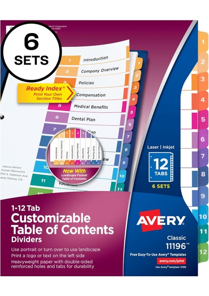 Hazır Dizin 12-Tab Bağlayıcı Bölücüler, Özelleştirilebilir Içindekiler, Çok Renkli Sekmeler, 6 Takım (11196)