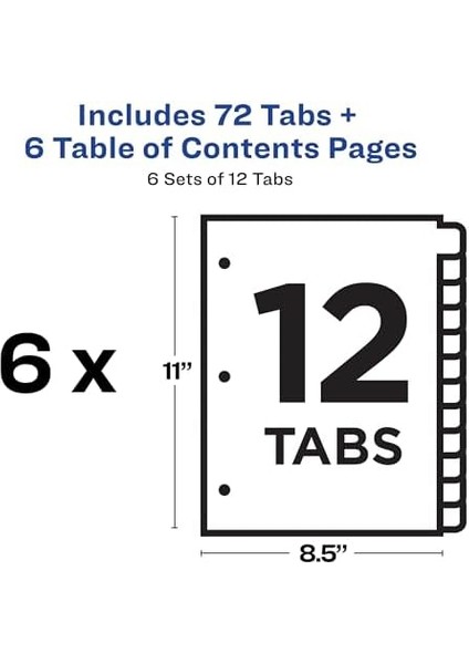 Hazır Dizin 12-Tab Bağlayıcı Bölücüler, Özelleştirilebilir Içindekiler, Çok Renkli Sekmeler, 6 Takım (11196) fiyatları