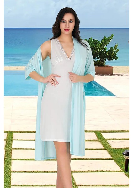 Lady Dantel Yaka Penye Gecelik Sabahlık Takım