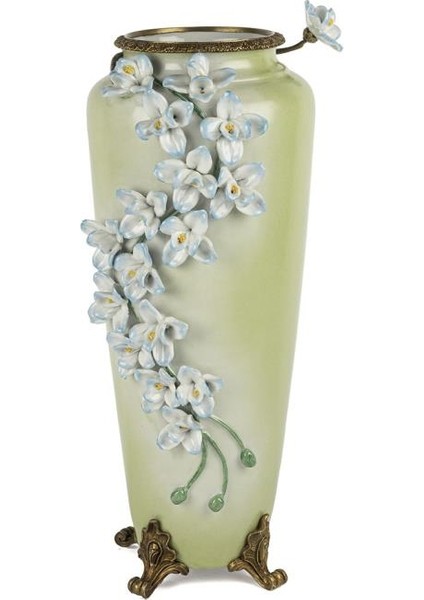 Yeşil Kabartma Çiçekli Vazo 22X47CM