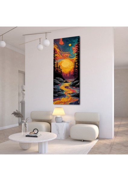 Panoramik Renkli Nehir ve Güneş Temalı Soyut Kanvas Tablo – Modern Dikey Duvar Dekoru