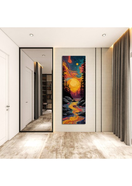 Panoramik Renkli Nehir ve Güneş Temalı Soyut Kanvas Tablo – Modern Dikey Duvar Dekoru fiyatları