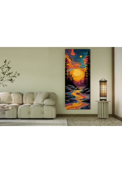 Panoramik Renkli Nehir ve Güneş Temalı Soyut Kanvas Tablo – Modern Dikey Duvar Dekoru modelleri