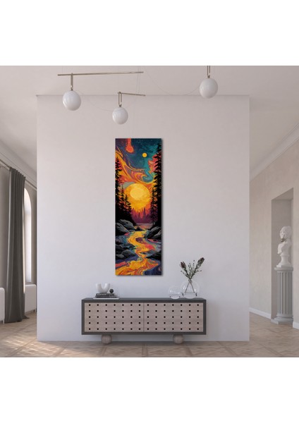 Panoramik Renkli Nehir ve Güneş Temalı Soyut Kanvas Tablo – Modern Dikey Duvar Dekoru indirimleri