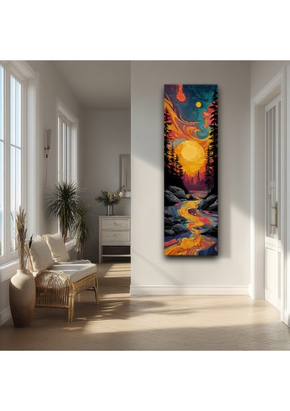 Panoramik Renkli Nehir ve Güneş Temalı Soyut Kanvas Tablo – Modern Dikey Duvar Dekoru