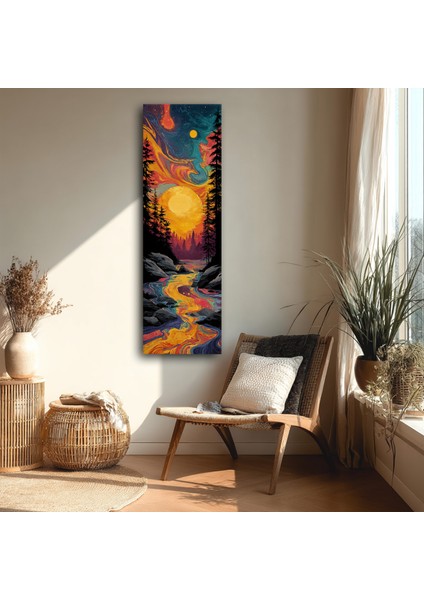 Panoramik Renkli Nehir ve Güneş Temalı Soyut Kanvas Tablo – Modern Dikey Duvar Dekoru
