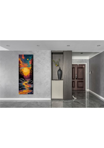 Panoramik Renkli Nehir ve Güneş Temalı Soyut Kanvas Tablo – Modern Dikey Duvar Dekoru
