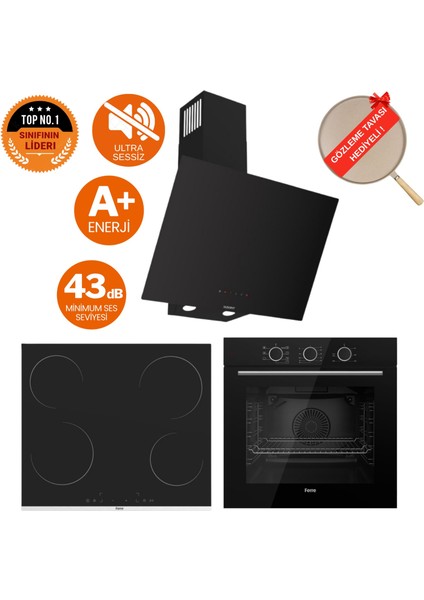 Fryart & Flowart Legno Sessiz Davlumbaz Elektrikli Siyah Ank. Set (D077-SA + MS261 + QXE62CS)