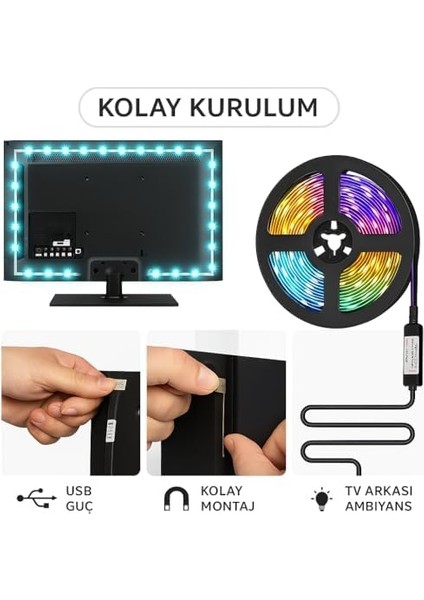 ve Pc Arkası Rgb Şerit LED Işık Seti - 3 Metre, USB Girişli, Kumandalı, 352 Renk Seçeneği, IP20 Iç Mekan, 4W Düşük Enerji Tüketimi CT4566 modelleri