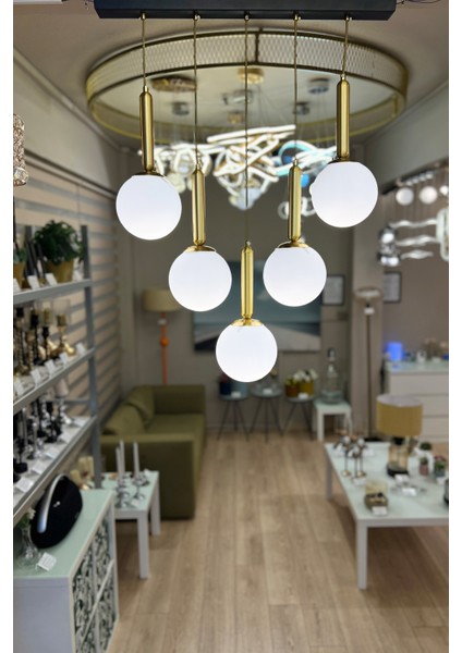 Globe Linear Black & Gold 5'li Sarkıt Beyaz Cam Avize