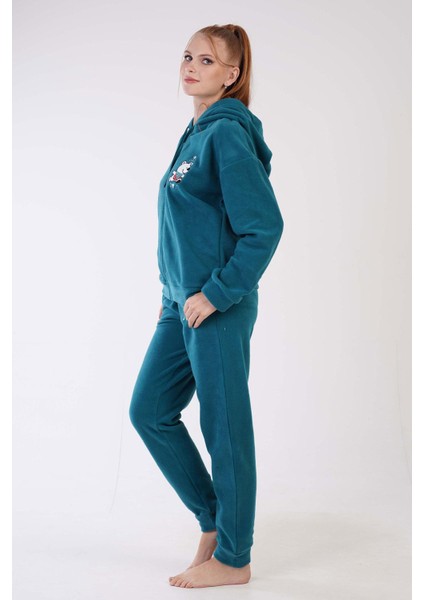 Kadın Uzun Kollu Kapüşonlu Fermuarlı Manşetli Paça Silver Pine Renk Polar Pijama Takımı C6T0N0503 modelleri