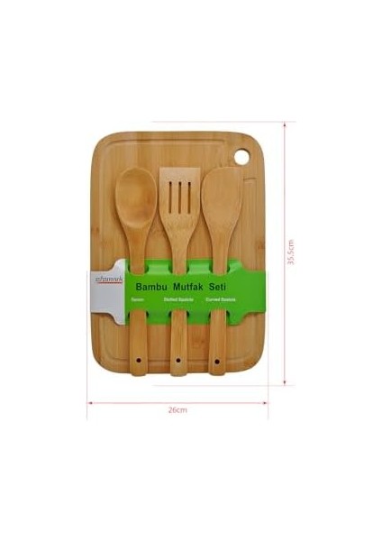 Bambu Serisi Oluklu Antibakteriel Yıkanabilir Bambu 36X26 cm Doğrama Tahtası, Kaşık ve Spatula, Tahta Kevgir, 4'lü Set modelleri