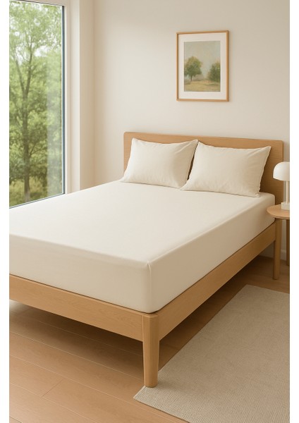 Çift Kişilik 180X200+30 cm Saf Pamuk Lastikli Çarşaf – Ekru