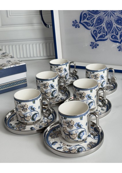 Türk Kahve Fincanı Blue Silver 6 Kişilik 12 Parça