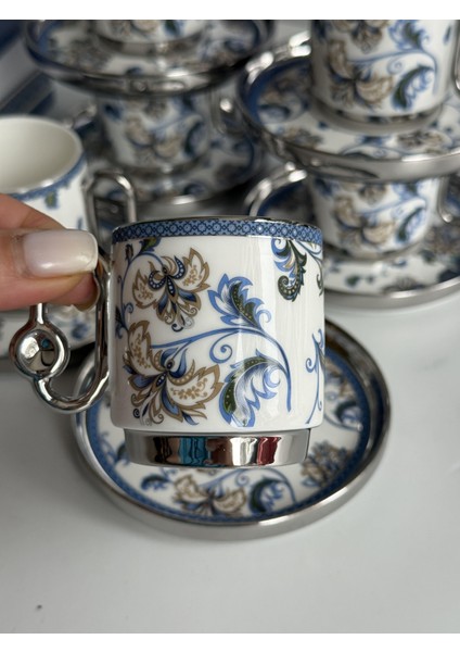 Türk Kahve Fincanı Blue Silver 6 Kişilik 12 Parça indirimleri