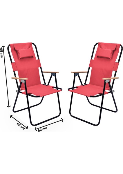 2' Li Yastıklı Yüksek Sırtlı Katlanır Büyük Boy Kamp Piknik Sandalyesi, Ağaç Kollu-Kırmızı
