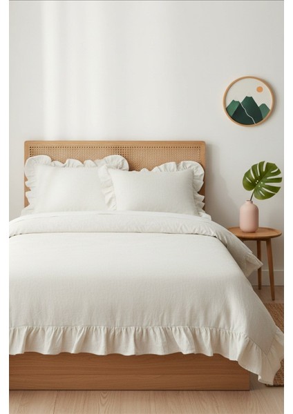 Çift Kişilik Organik Pamuklu Nevresim Seti Fırfır'lı Beyaz