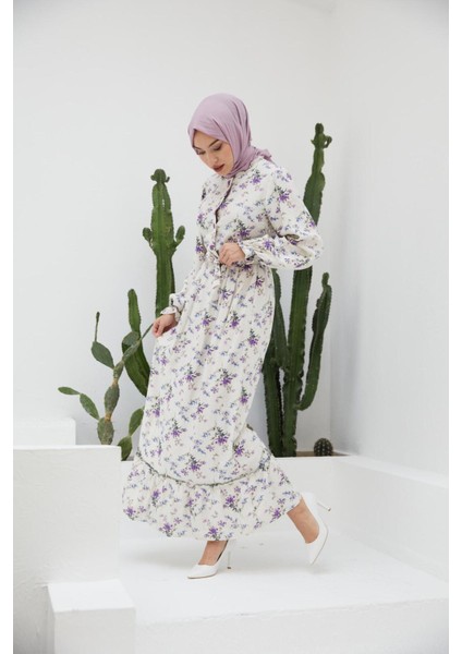 Ankanoor Yarım Pat Fırfırlı Çingene Desen Keten Elbise ANKA251401