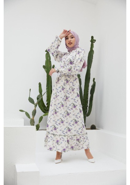 Ankanoor Yarım Pat Fırfırlı Çingene Desen Keten Elbise ANKA251401 fiyatları