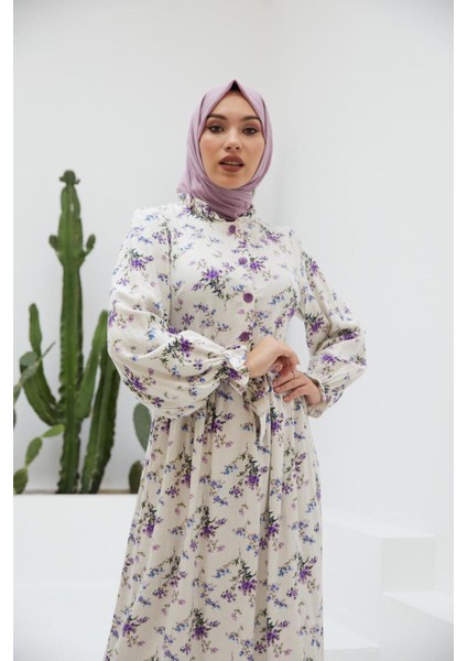 Ankanoor Yarım Pat Fırfırlı Çingene Desen Keten Elbise ANKA251401 fırsatları