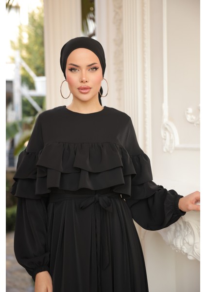 Ankanoor Siyah Çift Fırfırlı Salaş Elbise ANKA255068 fırsatları