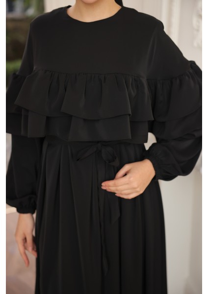 Ankanoor Siyah Çift Fırfırlı Salaş Elbise ANKA255068